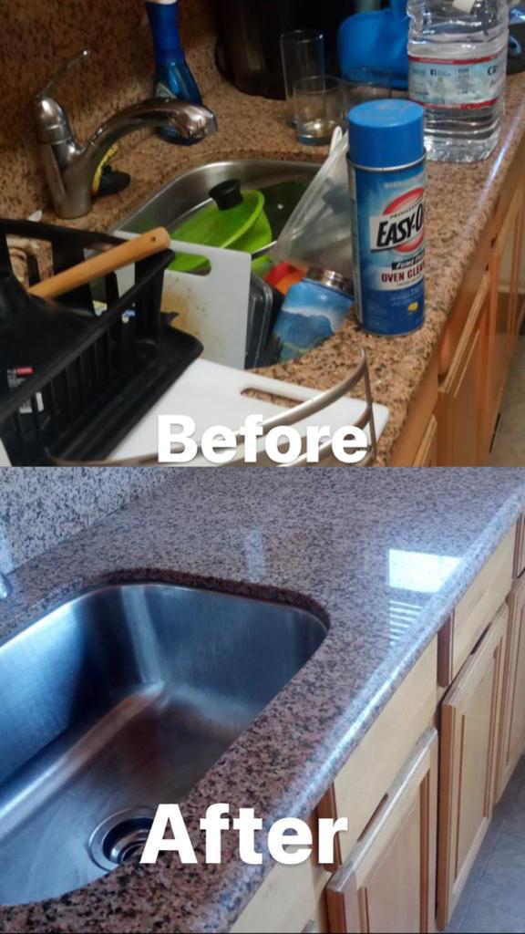 Kitchen counter and sink before and after cleaning